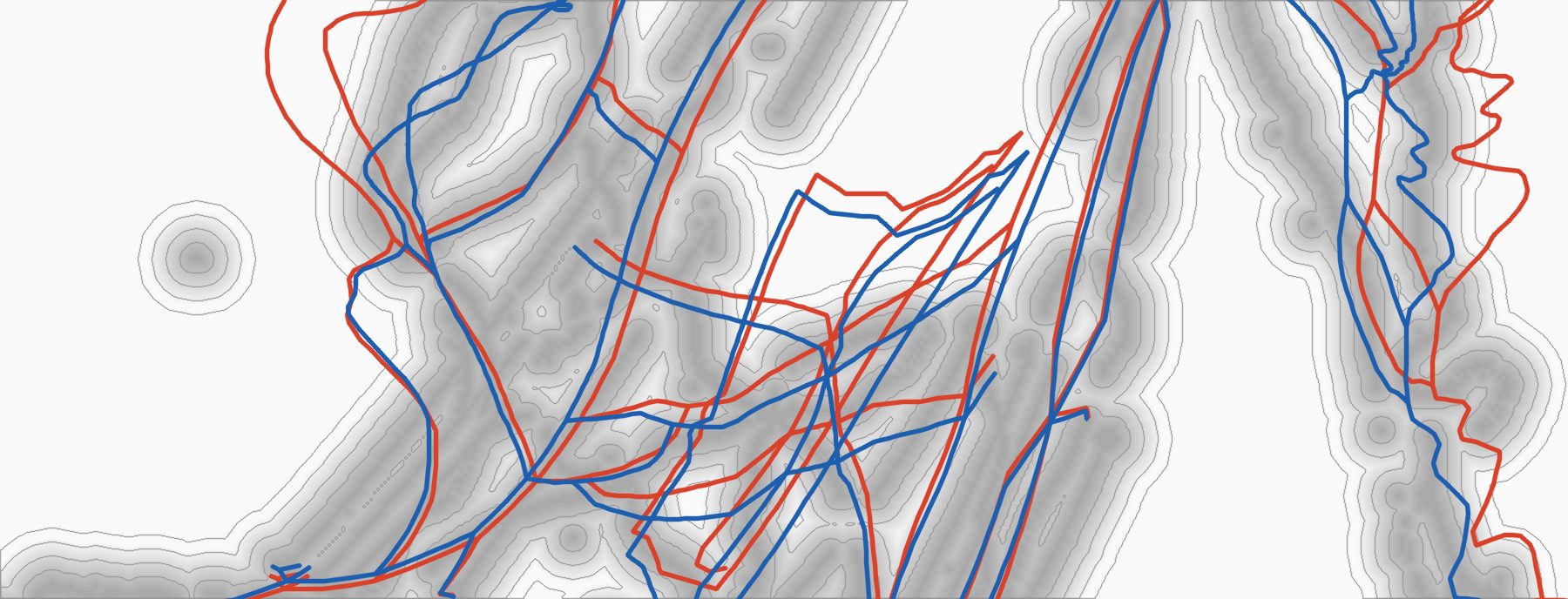 Distance field around painted runs with OSM runs before and after refinement